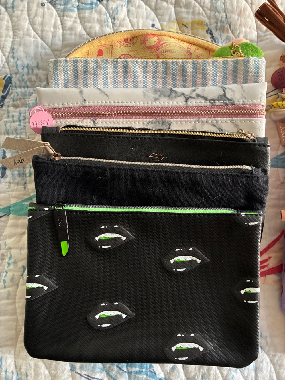ipsy Assorted Zipper Pouch Bundle - Pink, Yellow, Black, Red, White, approx 7”. - Picture 2 of 4